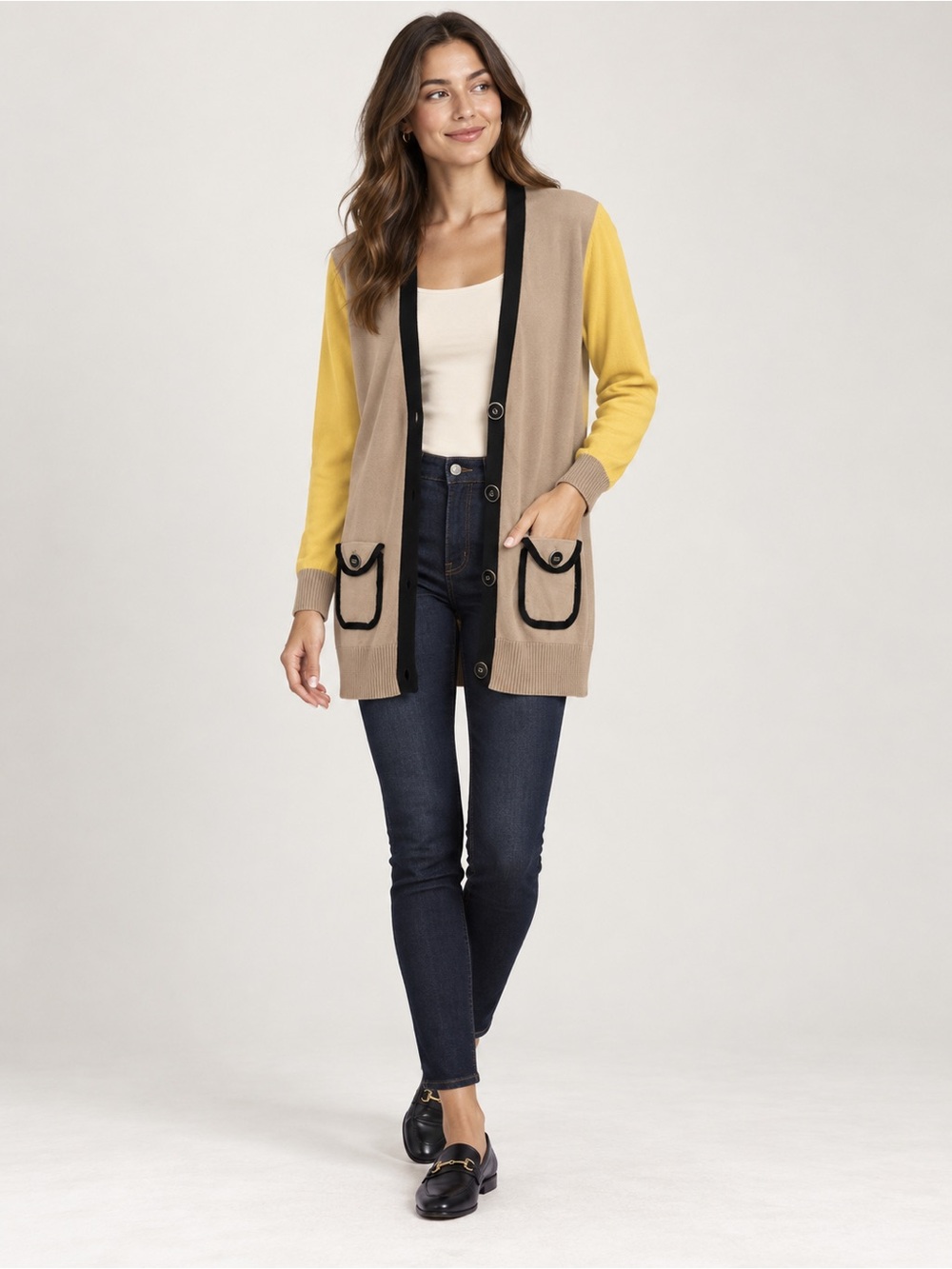 New York & Company Mustard Yellow Colorblock Cardigan Sweater Size Medium